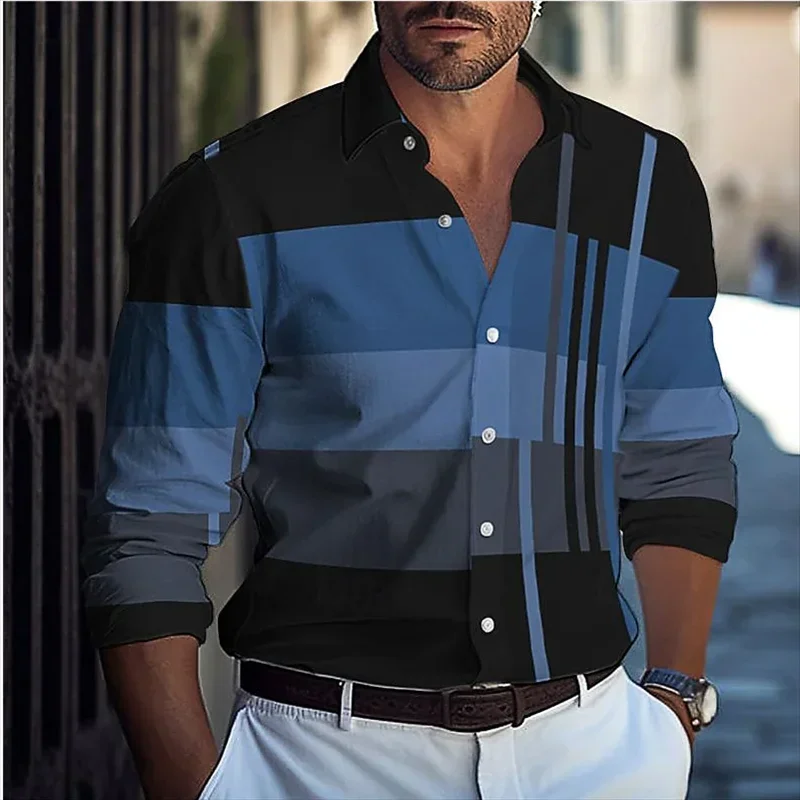 Striped Men's Business Casual 3D Printed Shirt Spring/Summer Lapel Long Sleeve Comfortable Elegant Garment Men's Casual Shirts