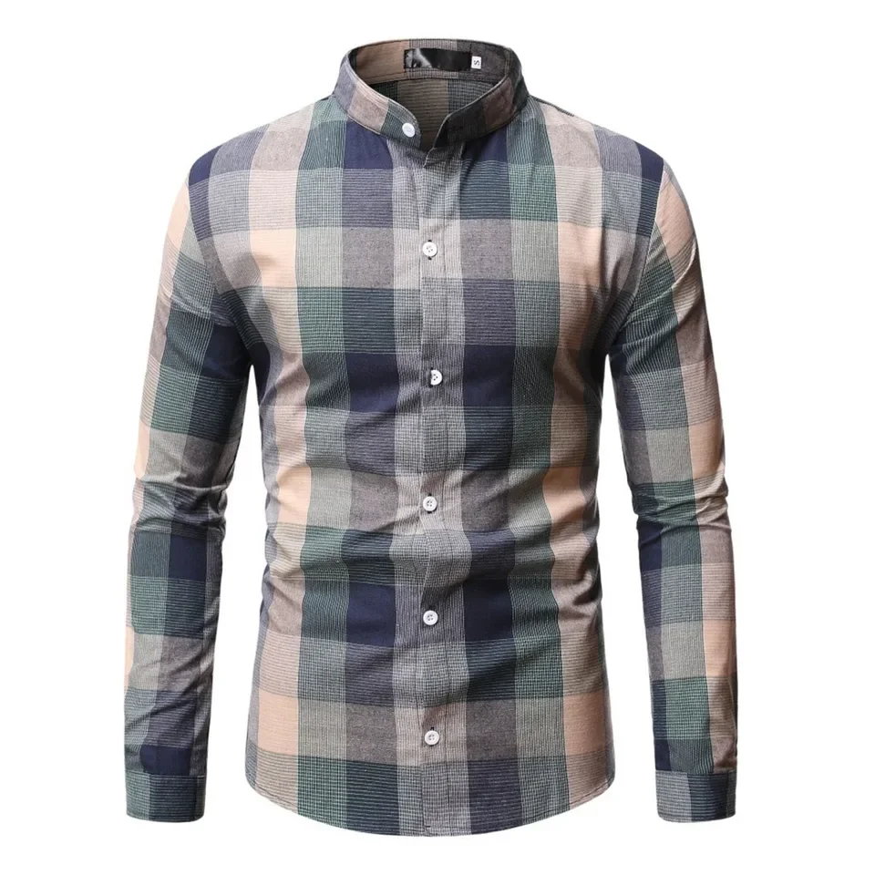 

Men'S Plaid Shirt Fashion Casual Summer Autumn Long Sleeved Shirt Stand Up Collar Button Up Shirts Vintage Street Male Tops