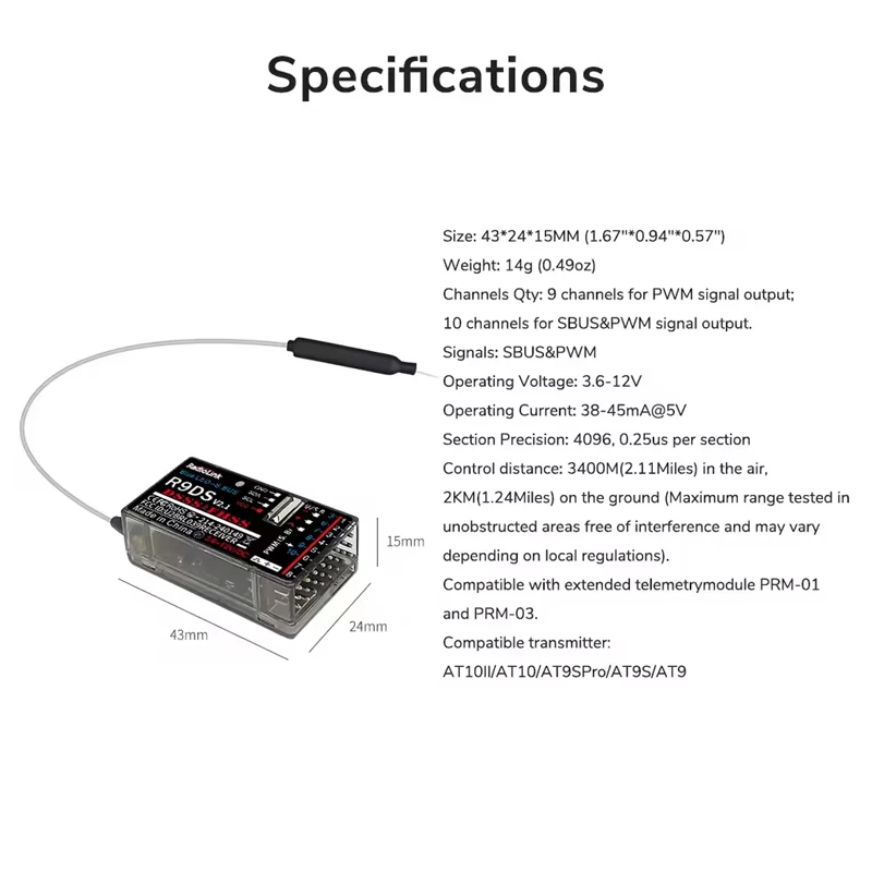 ตัวรับสัญญาณวิทยุ RadioLink R9DS 9/10 ช่องสัญญาณ ระยะควบคุม 4000 เมตร พร้อมระบบส่งข้อมูลแบบเรียลไทม์ สำหรับเฮลิคอปเตอร์ เครื่องบินปีกตรึง เครื่องร่อน และหุ่นยนต์