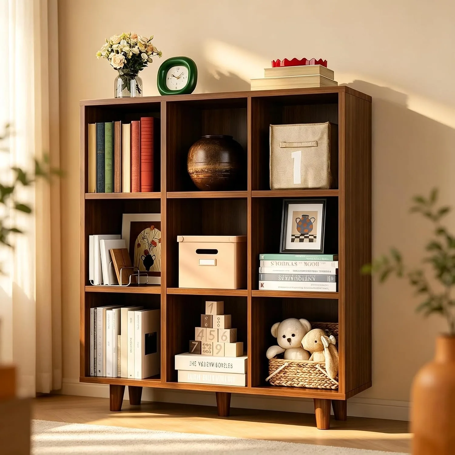 9-stöckiges Mid-Century Modern Bücherregal, rustikaler brauner Holzwürfel-Aufbewahrungsorganizer mit Holz- und kippsicheren Beinen, Retro offenes Bücherregal für Wohnzimmer, Home-Office, Schlafzimmer