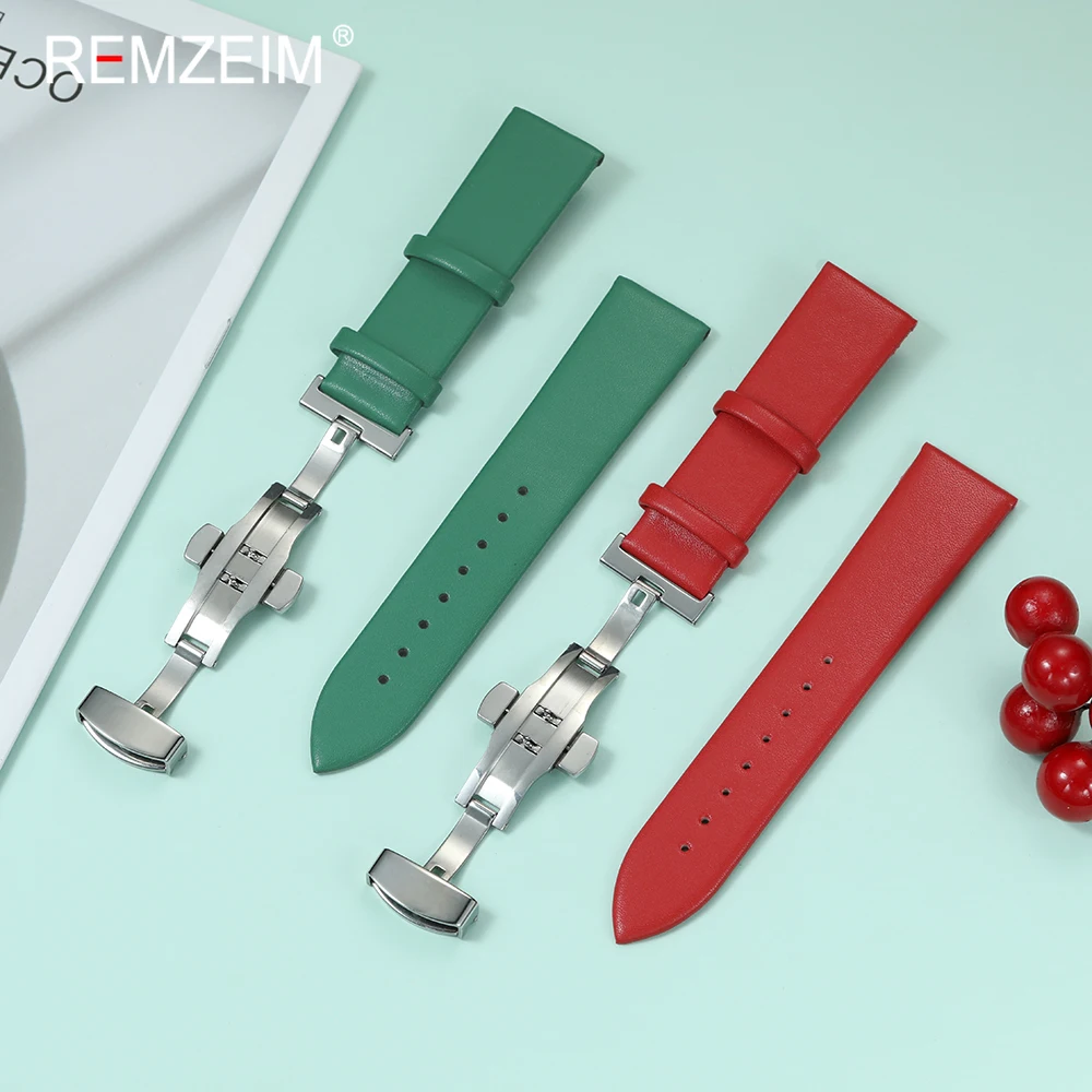 Schlankes Armbanduhrenarmband für Damen, Schmetterlingsschnalle, 18 mm, 20 mm, 22 mm, weiches Leder-Ersatzarmband für die meisten Uhren