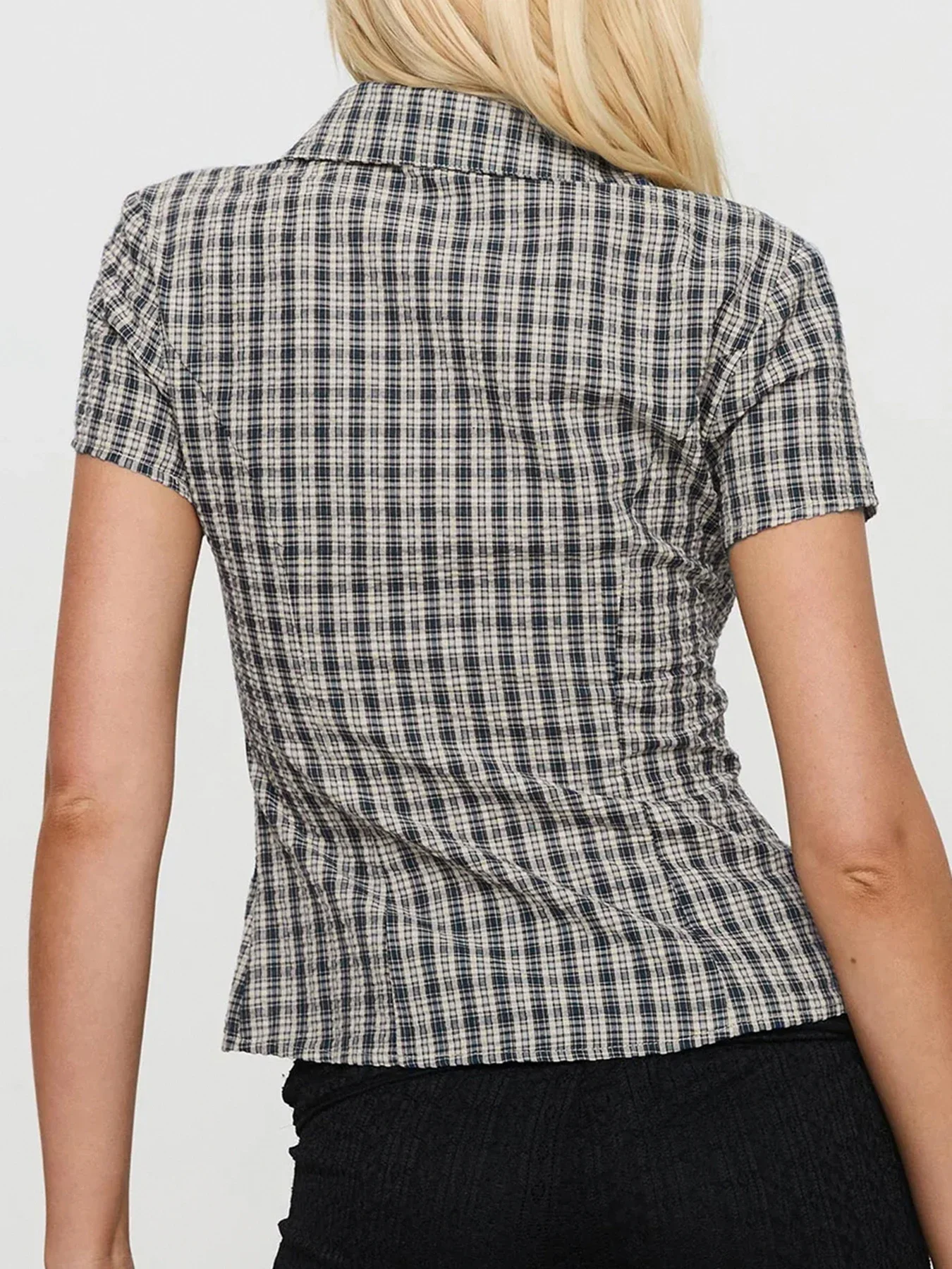 Fashion Plaid Slim Fit Women Causal Shirts Simple Chic Summer Short Sleeve A-Line Trim Button Blouses