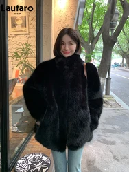 Lautaro autunno inverno nero morbido spesso caldo peloso Shaggy Faux Fox Fur Coat donna Stand Collar Luxury Loose Fluffy Jacket 2023