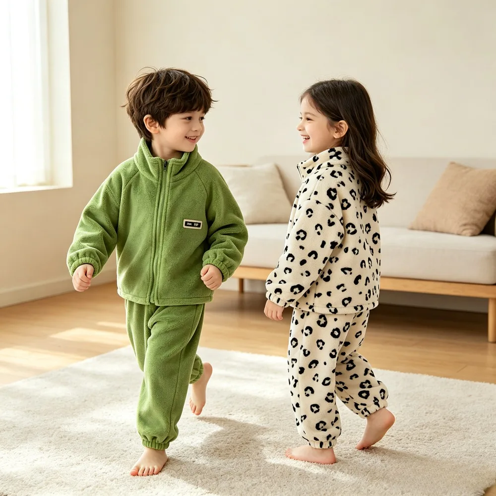 Kids Fleece Pajama Set Warm Locking Outfit Sleepwear Homewear Casual Tracksuit Multi-purpose Clothes Boys Girls Winter Essential