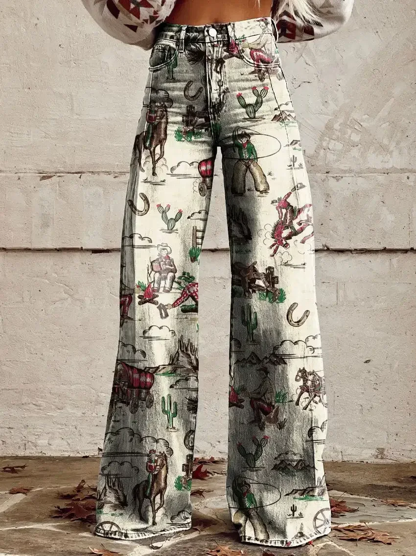 Jeans de flor e grama jovem estampado em 3D para mulheres, calça micro-flare feminina, jeans de perna larga, padrão floral retrô, nova moda