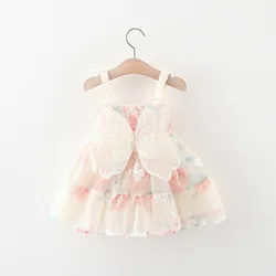 Girl's Baby Dress Summer Girl's Colorful Halo Dyed Flower Print Back Butterfly Wings Strap Princess Dress