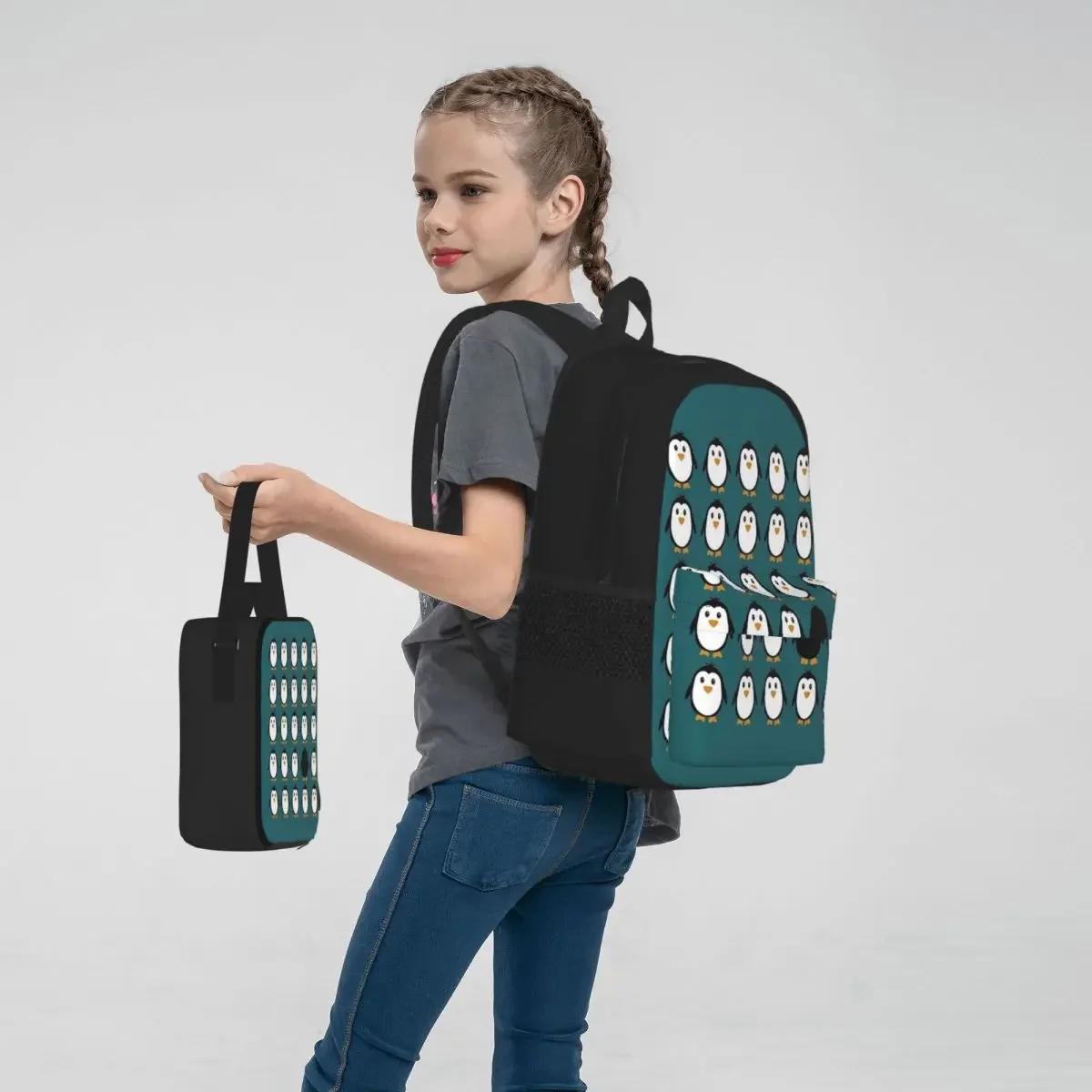 Conjunto de três peças de mochila escolar dos desenhos animados para crianças, pinguim, mochilas de colônia para estudantes, mochila para almoço, caneta para meninos e meninas