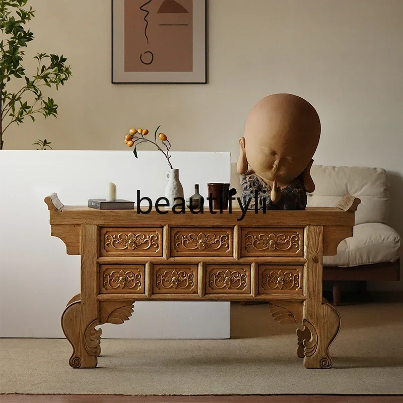 

A16 Wabi-sabi wind porch cabinet, retro weathered locker, solid wood seven-chest cabinet, middle hall table and case desk