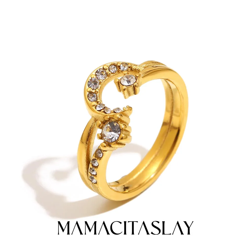 MamacitaSlay 18K Vergoldeter 316L Edelstahl Stern-Mond-Zirkon Doppelschichtiger Ring Wasserdichter Eleganter Damen-Partyschmuck