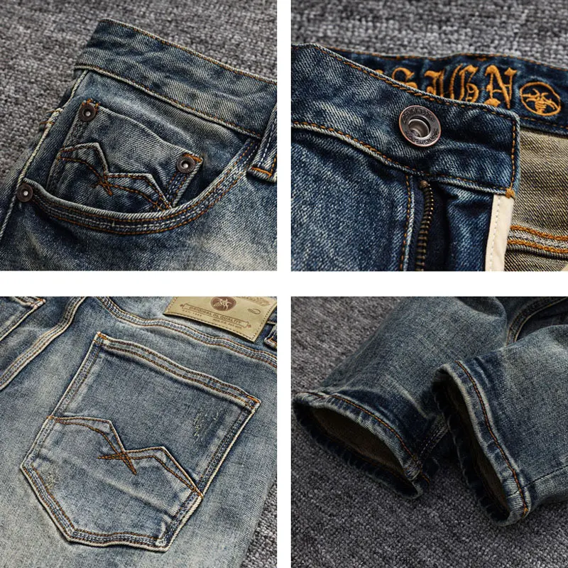 Italian Style Fashion Men Jeans Retro Washed Blue Elastic Stretch Slim Fit Vintage Jeans High Quality Casual Denim Pants Hombre