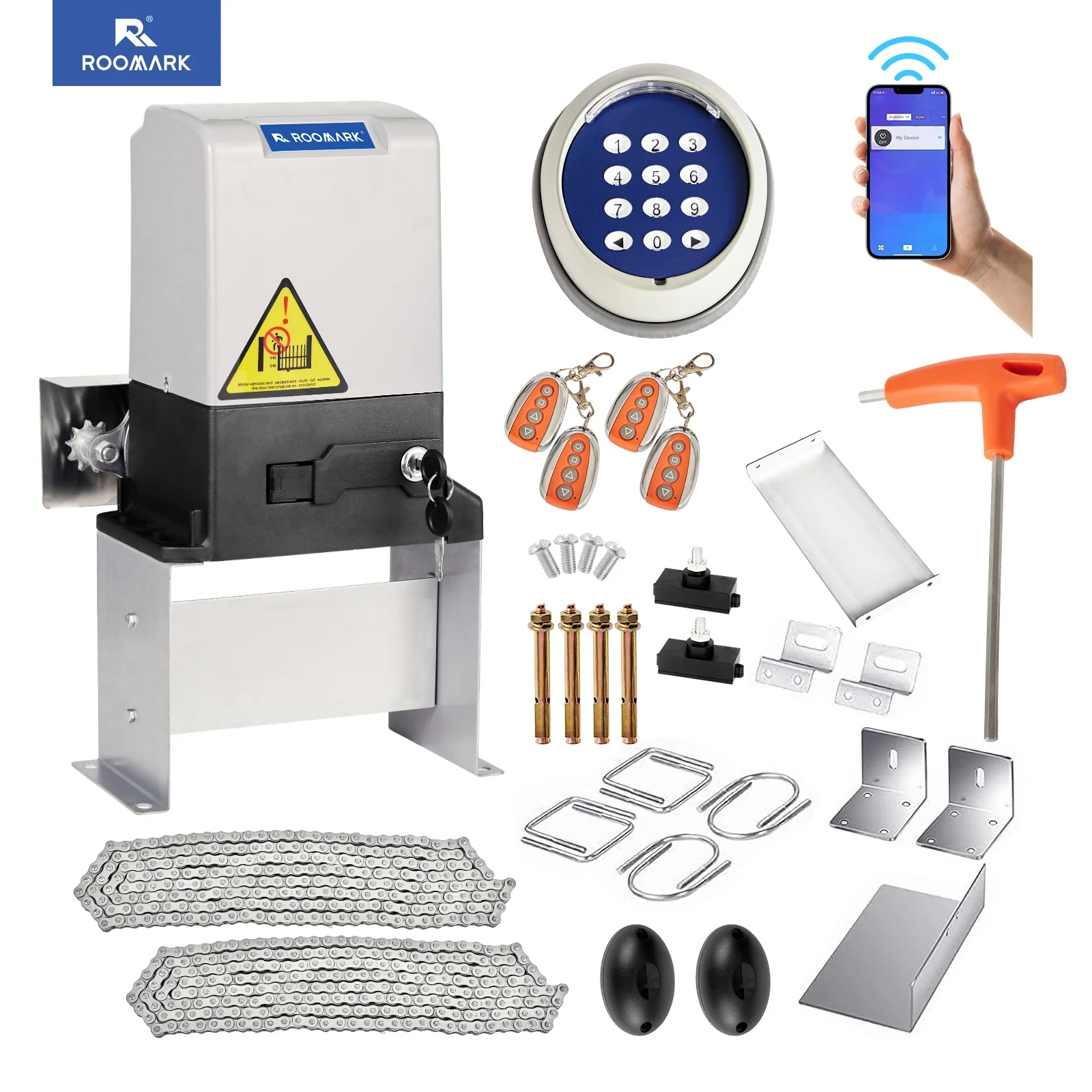 ROOMARK Automatic Sliding Gate Opener Kit Electric Operate Rack Driven Motor 4000 lbs 4 Remote Controllers Smart Home for Garden