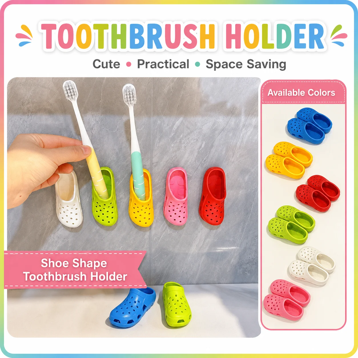 Kawaii Mini Hole Slipper Toothbrush Holder No Punching No Nailing Back Adhesive Wall Mounted Cartoon Toothbrush Storage Rack