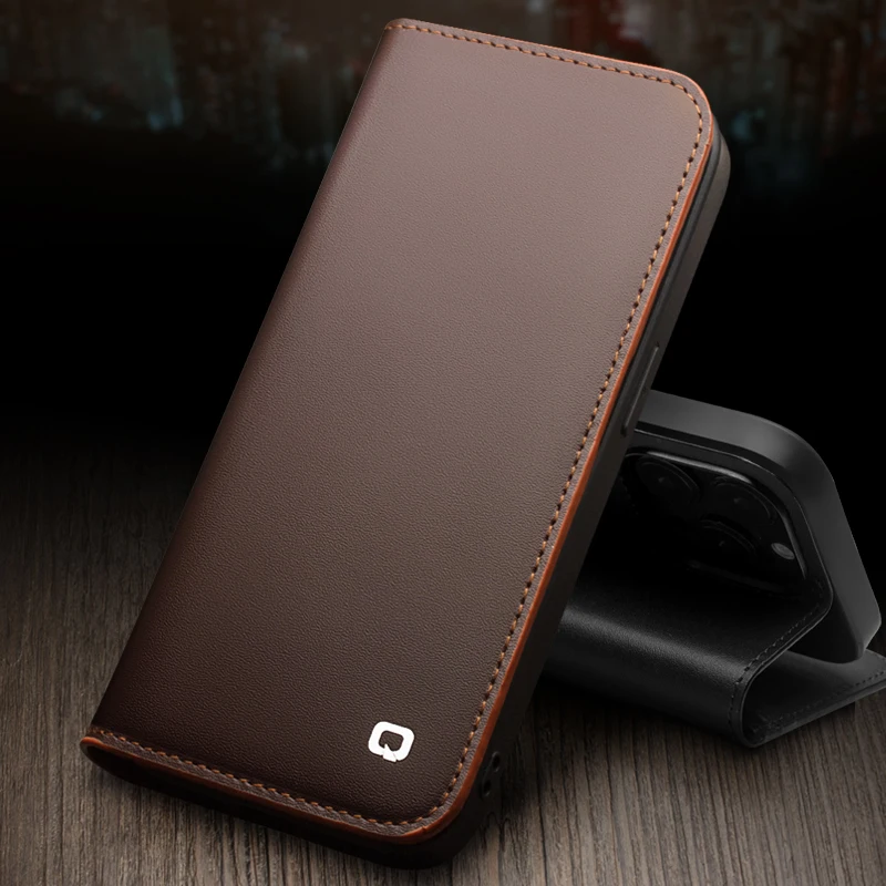 Qialino Luxury Genuine Leather Flip Phone Case For Iphone 16 15 14 13 Pro Max Plus Cover With Card Slots Cover Kickstand Shell