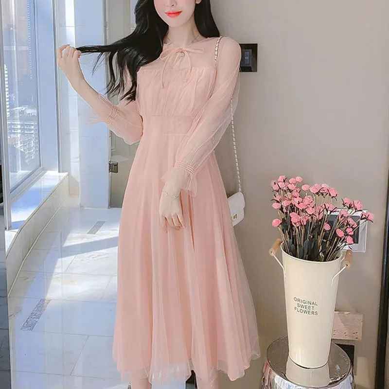 

Women's Summer Fashion Simplicity Solid Color Gauze Net Long Sleeve A-line Skirt Women Clothes Casual Temperament Elegant Dress