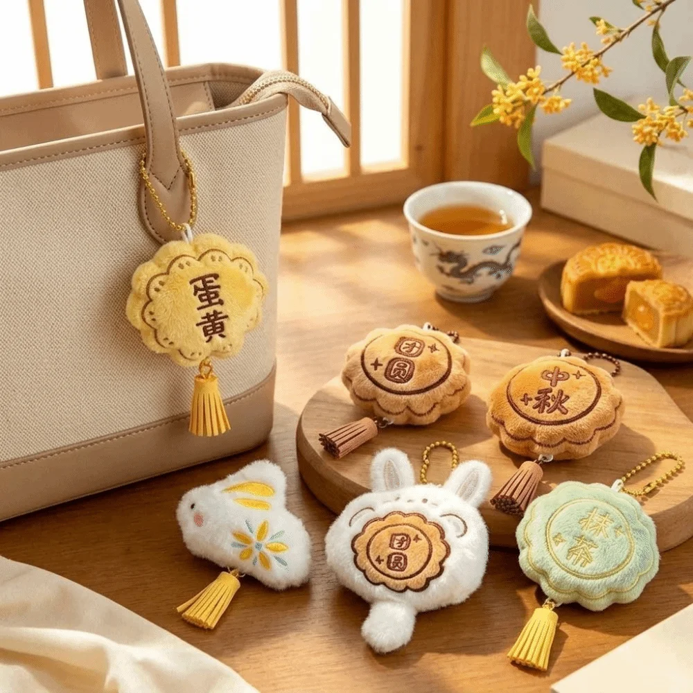 Portable Cartoon Mooncake Plush Keychain Soft Adorable Bunny Plush Pendant Miniature with Tassels Bag Ornament Mid-Autumn
