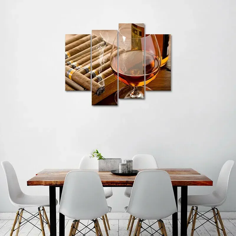 No Framed 4 Pieces Liquor Cup Cigar Drink Red Wine HD Wall Art Canvas Posters Pictures Paintings Home Decor for Living Room