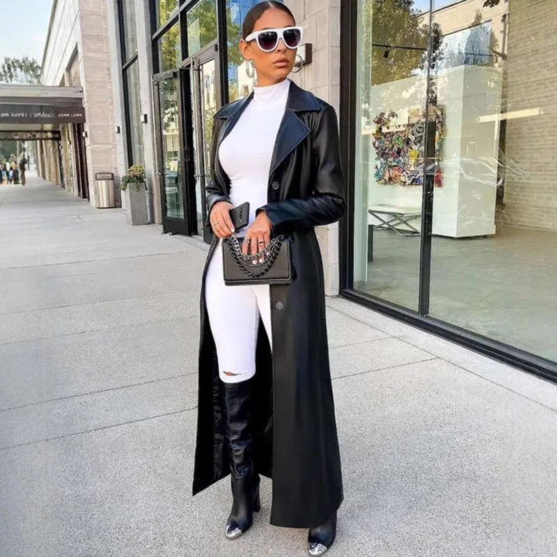 

Doyerl Тренч из искусственной кожи женский осенне-зимний однобортный длинный пальто с зубчатым воротником верхняя одежда Manteaux Hiver Femme