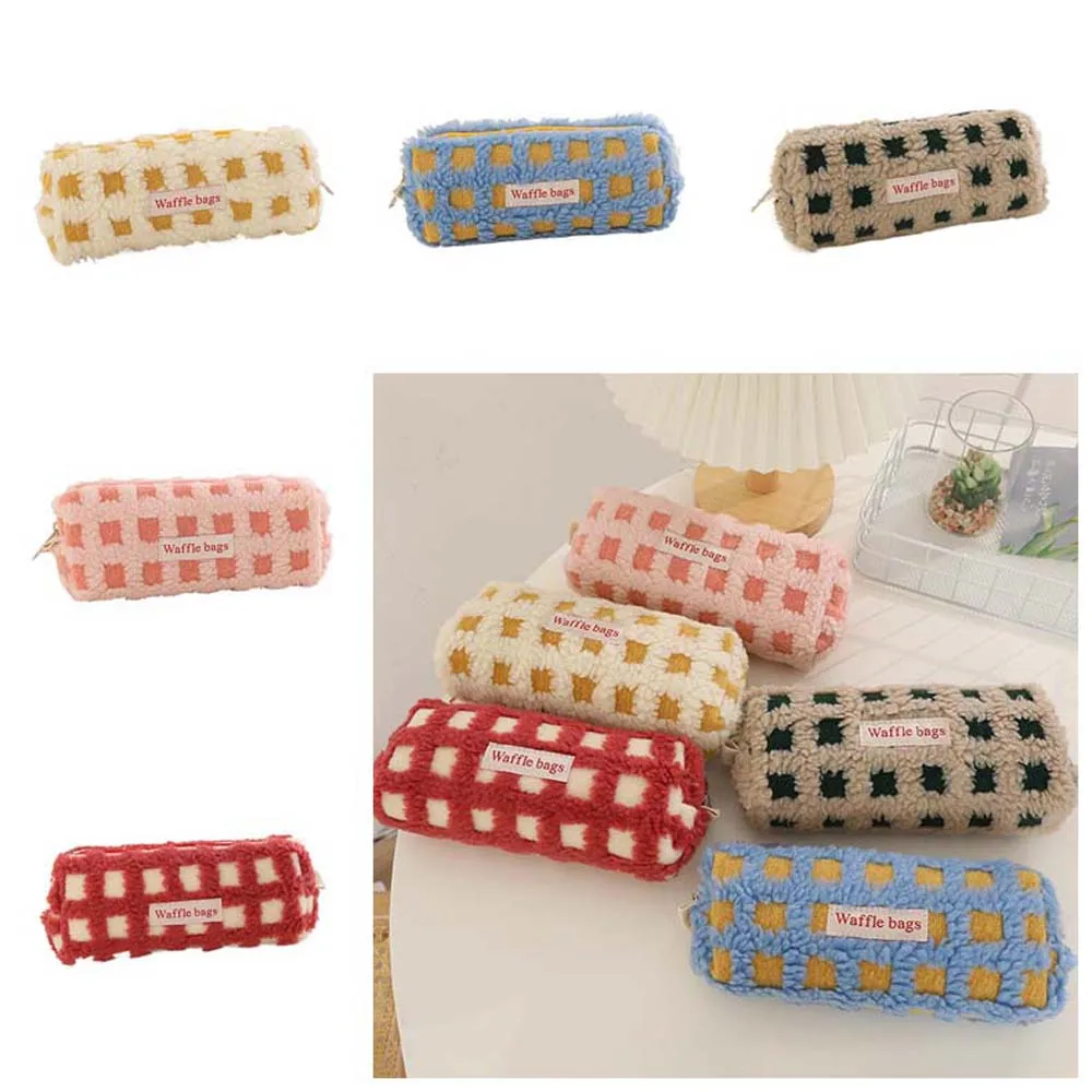 Large Capacity Plush Pencil Case Khaki/Pink/Yellow/Blue/Red Soft Stuffed Stationery Bag INS Pencil Pouch Plush Pen Bag