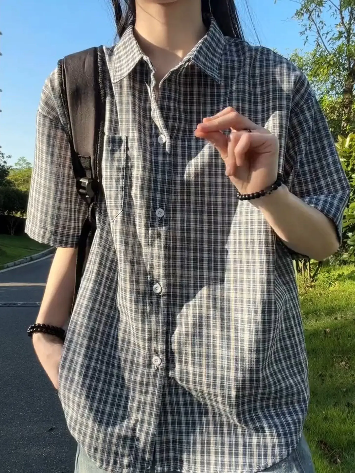 

Retro Plaid Short Sleeve Loose Fit Casual Shirt Collared Outerwear for Couples Spring Summer Youth Fashion Standard Size