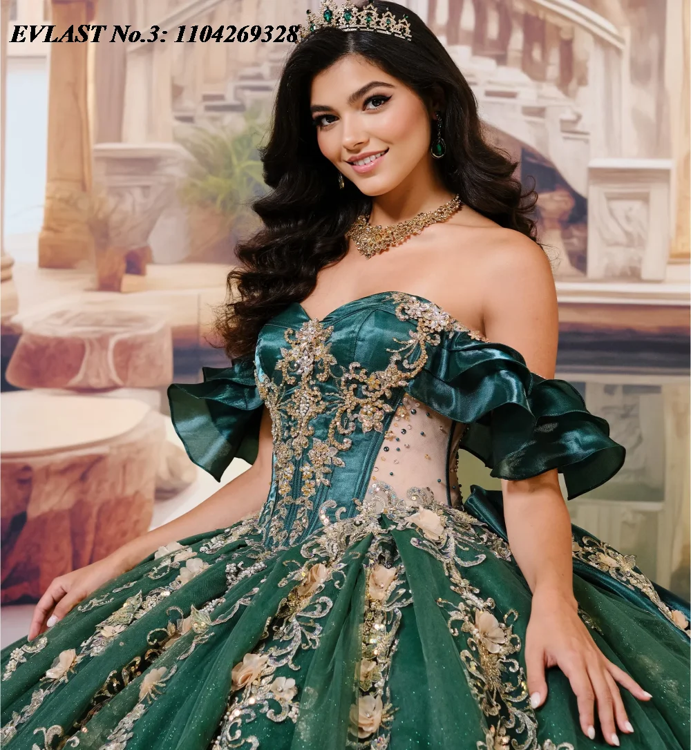 Evlast personalizado verde escuro quinceanera vestido de baile ouro renda apliques miçangas em camadas doce 16 vestido de 15 anos e3q213