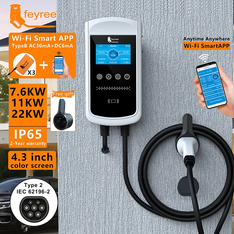 feyree Type2 EV Charger 32A 7.6KW Charging Station Car Charger 11KW 22KW 3Phase EVSE Wallbox 4.3inch Screen Smart APP Control