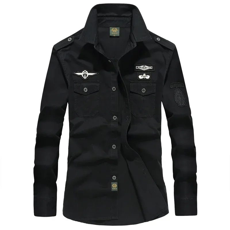 

Military Shirt Men's Shirts Casual Style Clothing Cotton Long Sleeve Retro Vintage 6XL Embroidery Plus Size Green Drop Shipping