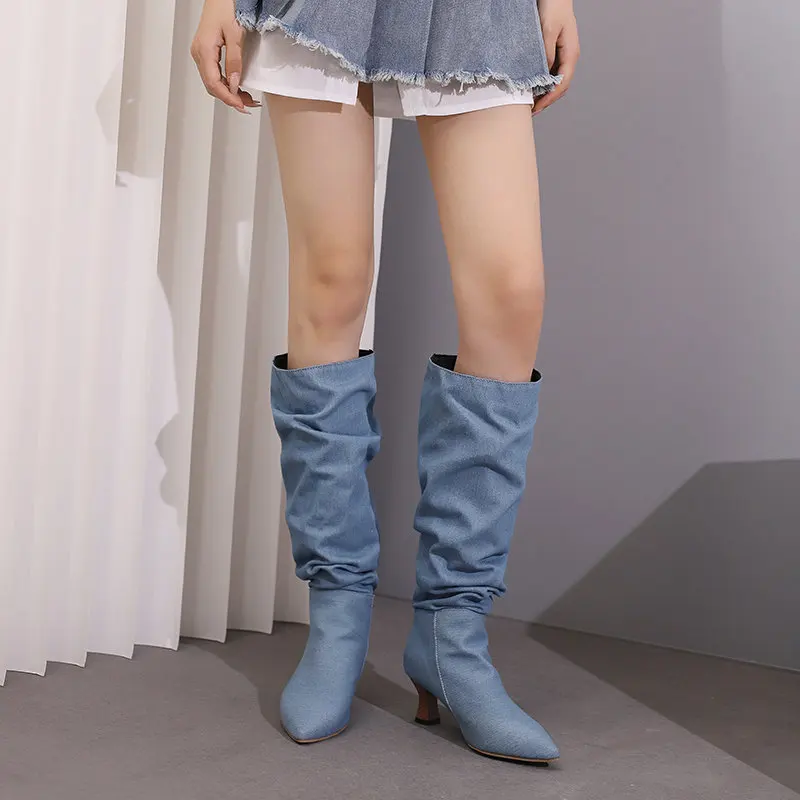 ORCHA LISA Female Knee High Boots Pointed Toe Heels 5.5cm Slip On Pleated Plus Size 46 47 48 Fashion Party Women Booties