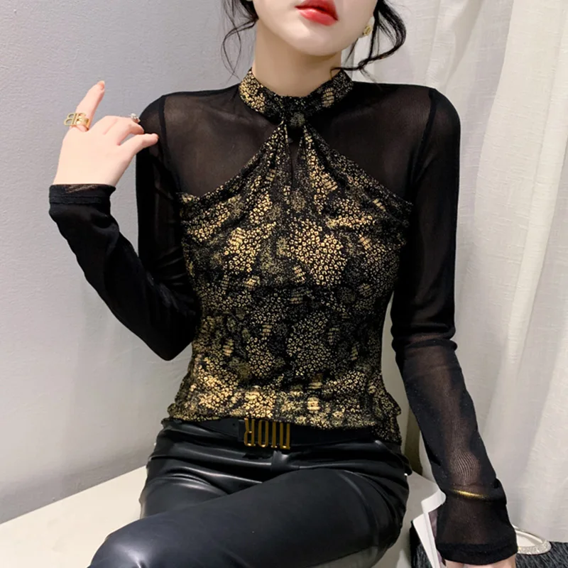 

New Autumn Winter Half High Collar Long Sleeved Women's T-Shirt Elegant Slim Printed Patchwork Mesh Tee Tops