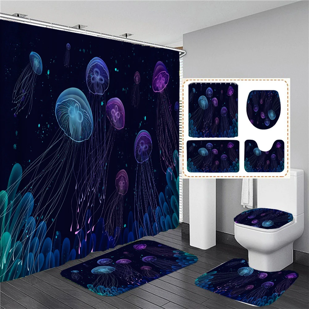 Dream Starry Sky Ocean Jellyfish Bathroom Waterproof Shower Curtain Set with 12 Hooks Bath Non-Slip Mat Rugs Toilet Seat Cover