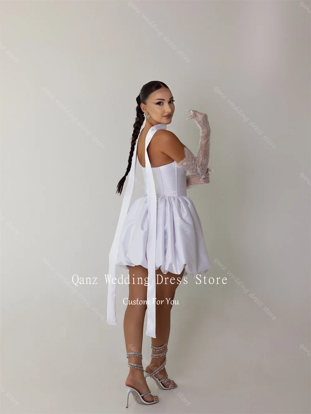 Qanz Civil Weiß Mini Hochzeit Party Kleider Satin Backless Sexy Brautkleider Puffy Kurze Frauen Robe De Mariée Angepasst