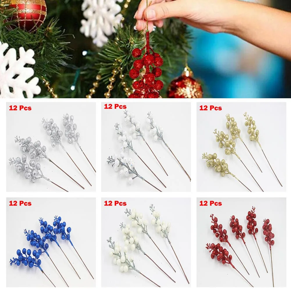 12pcs Artificial Christmas Glitter Berries Stems Xmas Tree Wreath DIY Decor 2024 Halloween New Year Home Decor Navidad