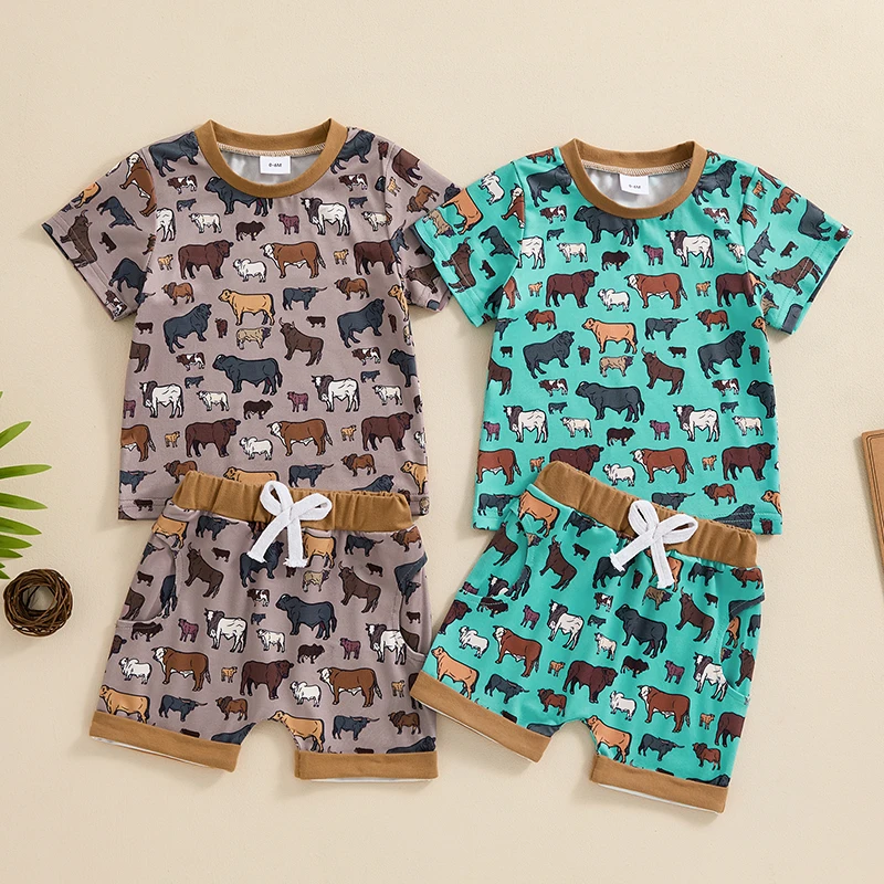 

2024-04-02 Lioraitiin 0-3Y Toddler Baby Boy Clothes Set Cattle Print O-Neck Short Sleeve T-Shirt Elastic Waist Shorts Outfits