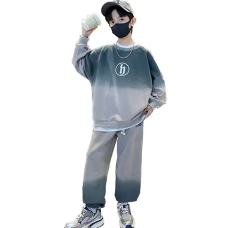 

2025 New Spring Autumn Child Boy Clothing Set Green Grey Gradient Sweatshirt + Pants 2Pcs Tracksuit For Kids Children Sweatsuits