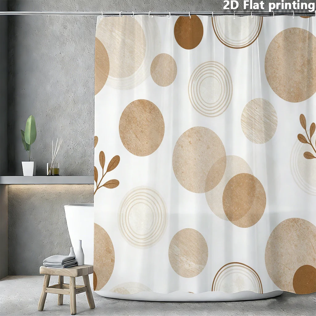 Boho Abstract Circles Shower Curtain Waterproof Modern Bathroom Decor Minimalist Geometric Shower Liner Beige Neutral Home