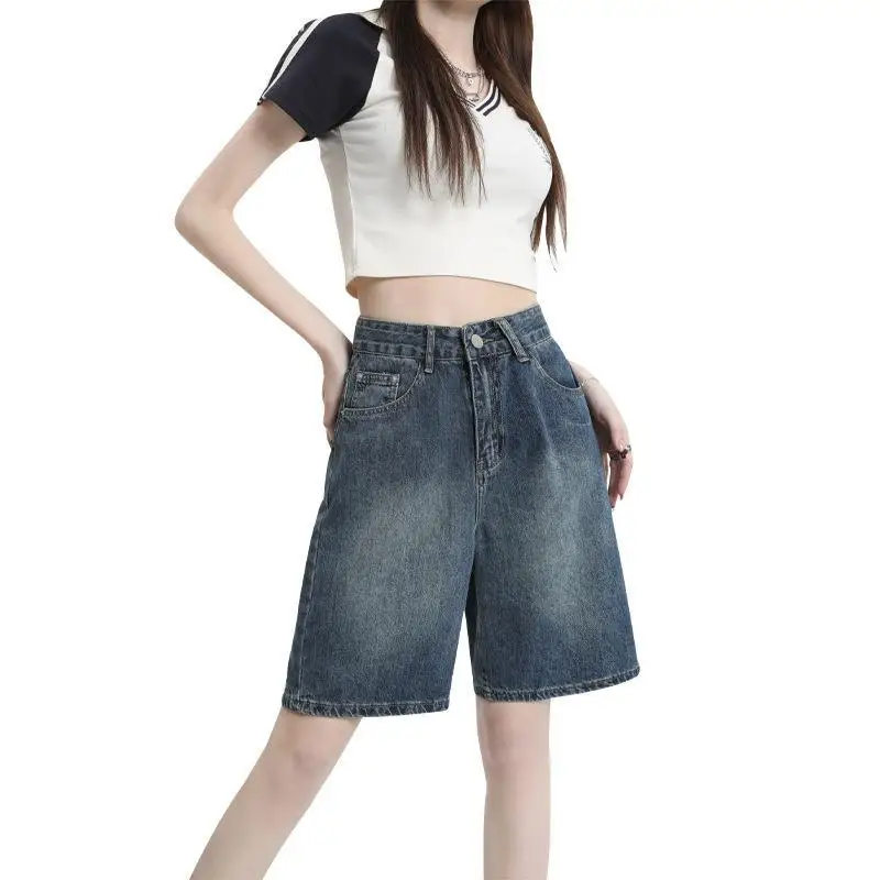 Shorts Women Denim Loose Summer Straight Korean Ins High Waist Casual Fashion All-match High-street Washed Vintage шорты женский
