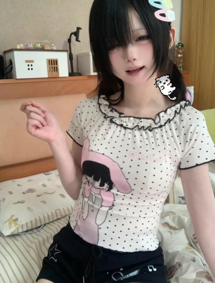 

Japanese Summer Polka Dot T-shirt Women Skew Collar Cartoon Printing Kawaii Cute Tops Y2k Aesthetic Fairy Grunge Ruffled Tshirts