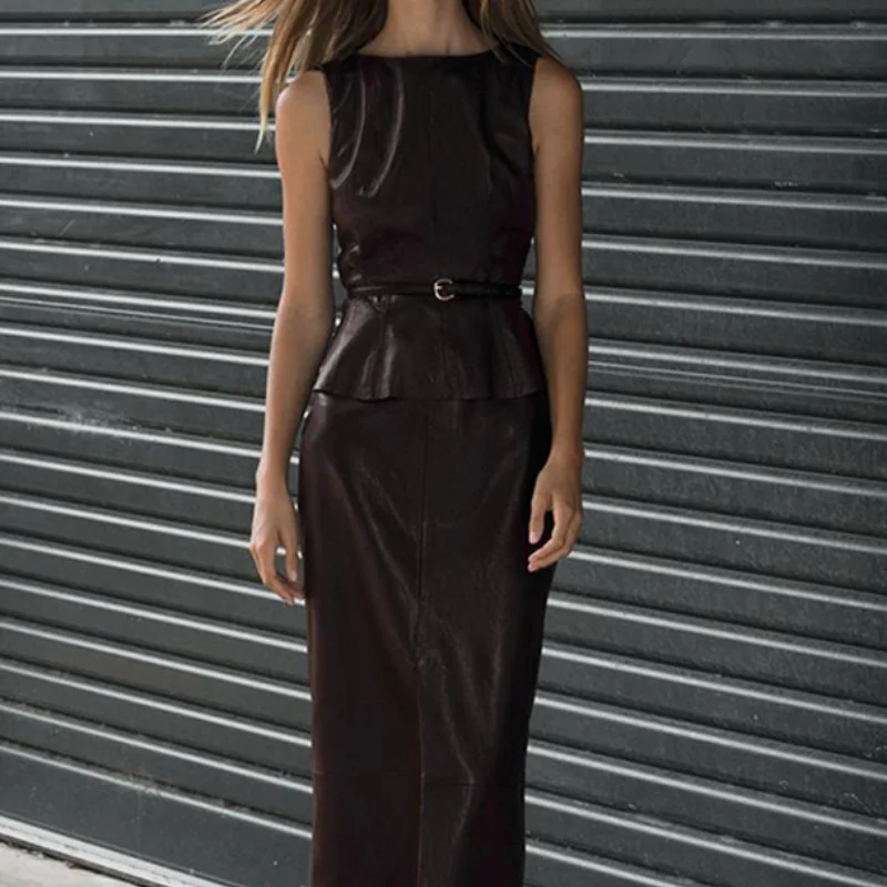 

2026 Spring Luxe New Solid Faux Leather Skirt Set Elegant Sleeveless Ruffles Cinched Waist Blouse Suit Commute Daily Outfits