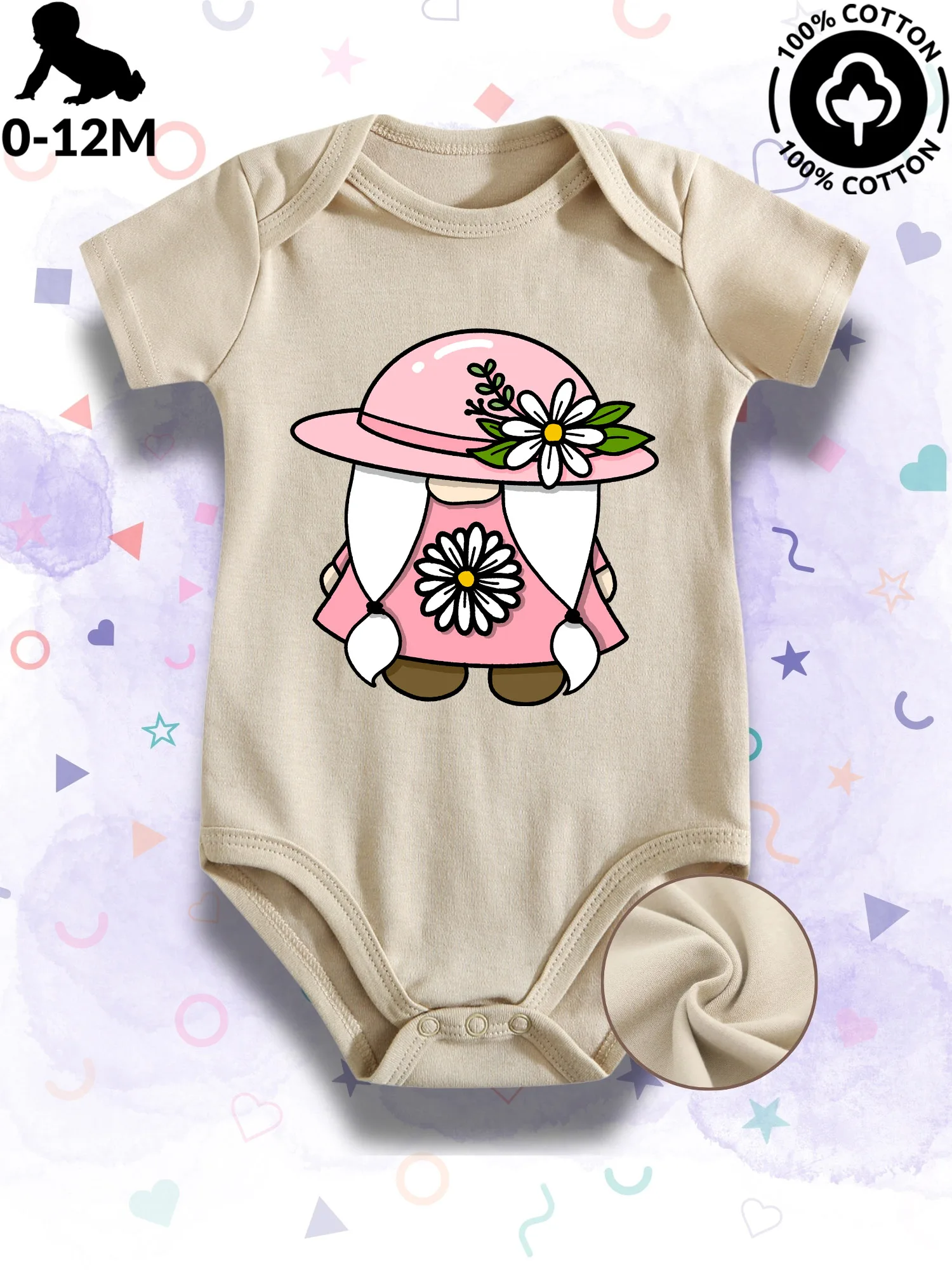 

Gnome With Daisy 05 Unisex Baby Bodysuit, 100% Cotton Soft Onesie, All-Season Wear Beige Crawling Suit 190GSM