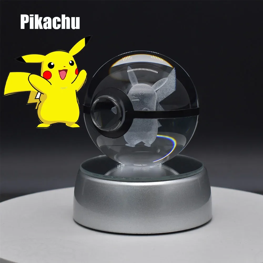 3D Crystal Ball Pokemon Figure Engraving Pikachu Charizard Gengar With LED Light Base Anime Glass Ball Child Christmas Gift Toy