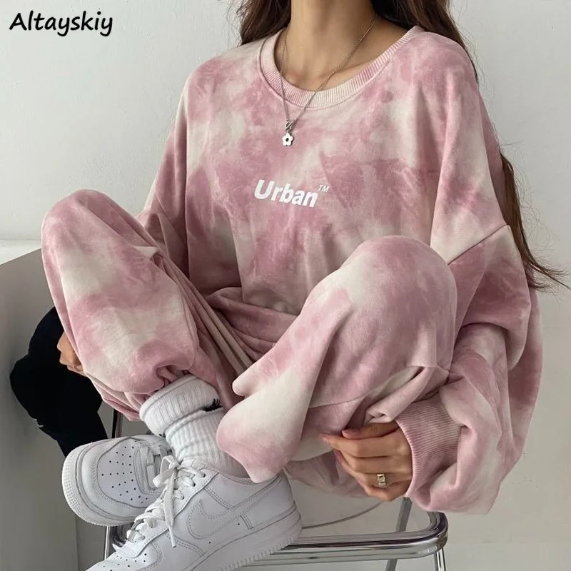 Women Pants Sets Harajuku Letter Tie Dye Females Streetwear M-3XL Loose Tracksuits Dance Tops High Waist Trousers Couples 2pcs