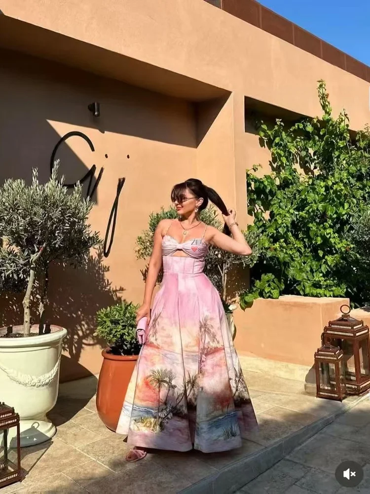   Abito Lungo Floreale con Cintura per Vacanze, in Misto Cotone, Gonna a Linea A per Donne