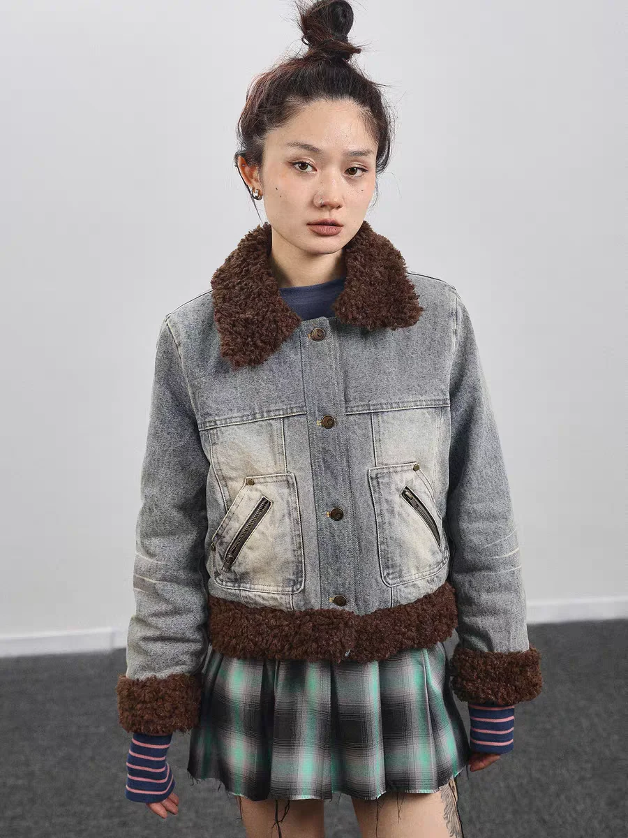 

Джинсовое пальто с мехом, плюшевое женское осеннее софтшелловое пальто с воротником-стойкой, милый студенческий стиль, школьные шнурки с поясом, кружево Y2K