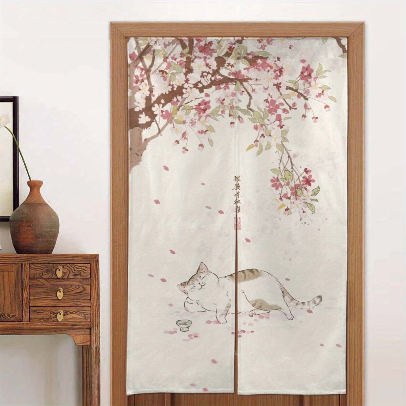 

1pc Japanese style cherry blossom cat door curtain cute pet floral pattern fabric partition curtain home decoration half curtain