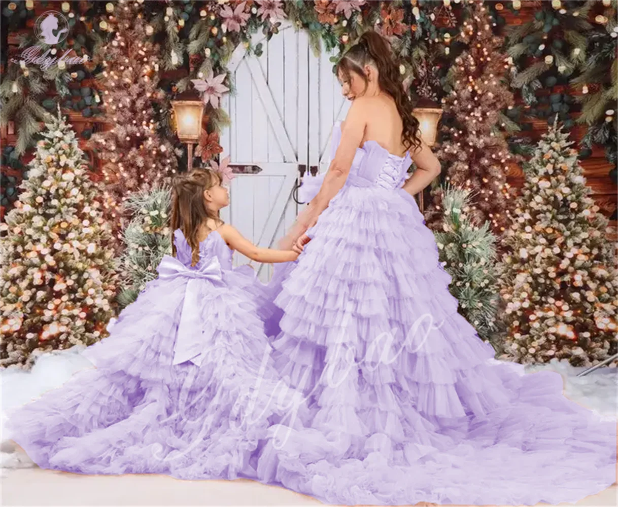 Fluffy Asymmetrical Length Mesh Dress Suitable For Mother-Daughter Photos Beauty Pageants Baptisms And Children's Birthday