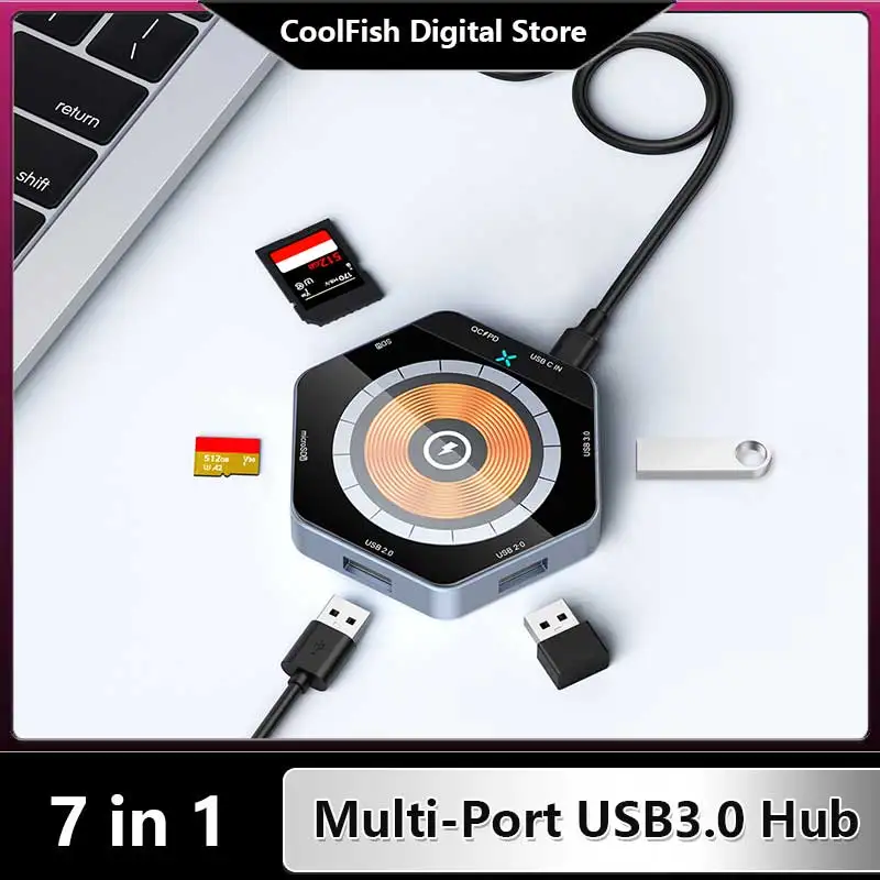 CoolFish 7 in 1Ports USB C HUB Type C Adapter USB3.0 SD Docking Station PD 15W Magnetic attraction Charging Computer Accessories