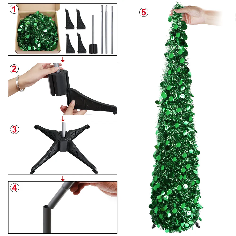 Albero di natale pieghevole da 5 piedi albero di natale costiero artificiale Pop-Up verde Tinsel per decorazioni natalizie natalizie