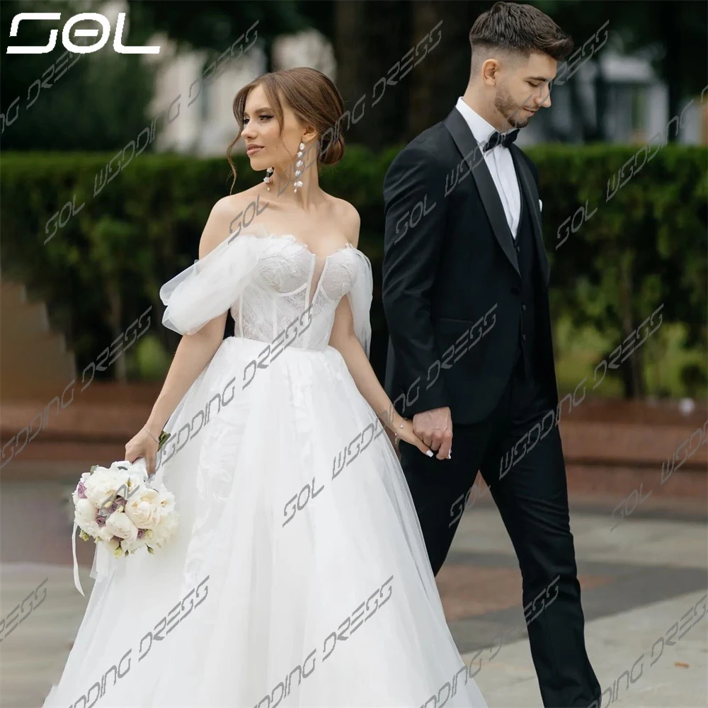 Sol gaun pernikahan Tulle Sweetheart bahu terbuka cantik applique renda elegan gaun pengantin A-Line Robe De Mariee