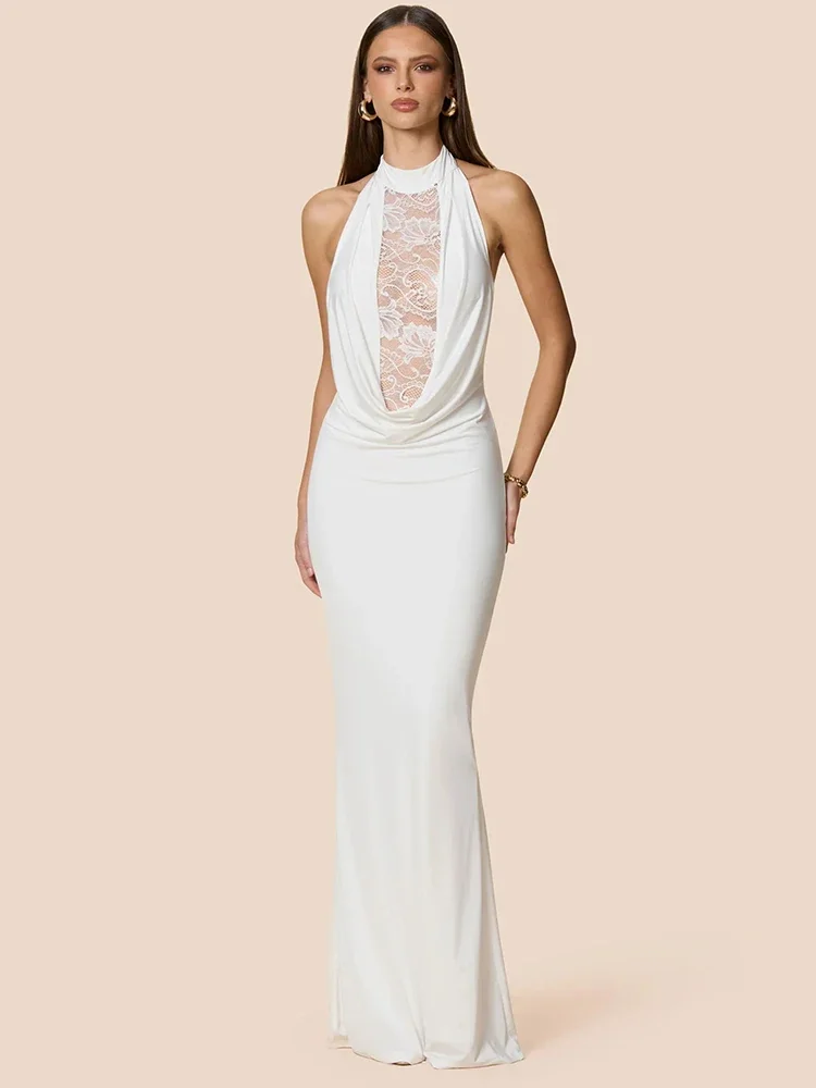 차샤오아 홀터 레이스 V넥 섹시 맥시 드레스 여성용 가운 우아한 레이스 시스루 오프숄더 백리스 바디콘 클럽 파티 롱 드레스