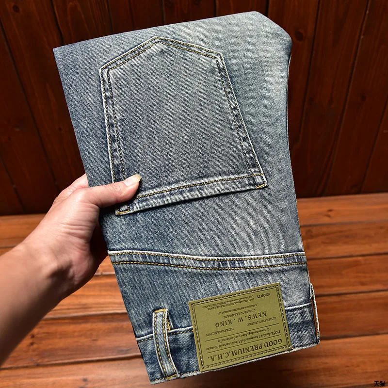 2024 New High End Blue Jeans Men'S Slim Fit Straight High Street Fashion Brand Casual Versatile Fashion Denim Pants