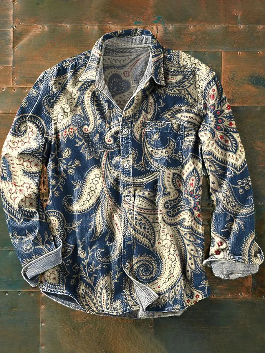 2026 New Style Personalized Print Long-Sleeve Shirt, Outdoor Street Style Retro Casual Collared Cardigan, Trendy Men's Top